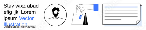 Identity verification, online shopping, user profile, consumer services, document management, communication. Minimalist design showing a profile, shopping bags and labeled documents. Identity
