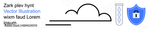 Data protection, cloud computing, cybersecurity, scientific research, digital storage, biotechnology. Visual elements include a cloud, DNA sample and shield with a lock. Focus on data protection