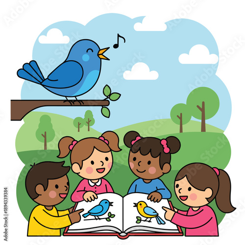 Children Reading About Birds