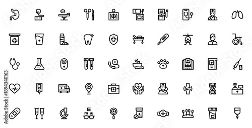 Medical services icon set. Healthcare vector icons pack. Includes symbols for doctor, hospital, ambulance, surgery, pharmacy, tools, and more. Editable stroke.