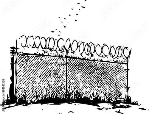 Barbed wire fence with birds flying overhead, a symbol of confinement and freedom