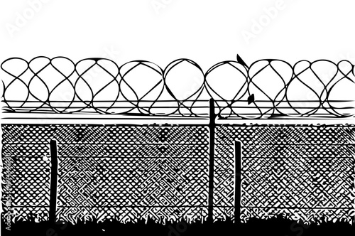 Barbed wire and chain-link fence at the top of a grassy hill