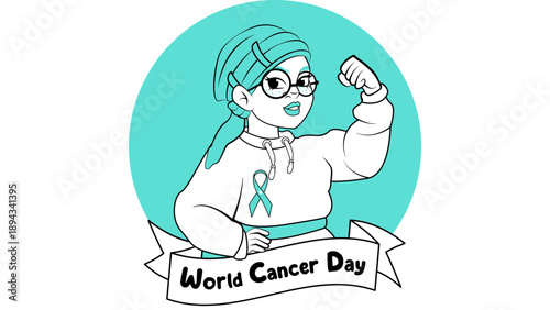 Illustration of a woman celebrating World Cancer Day with a ribbon and determined expression