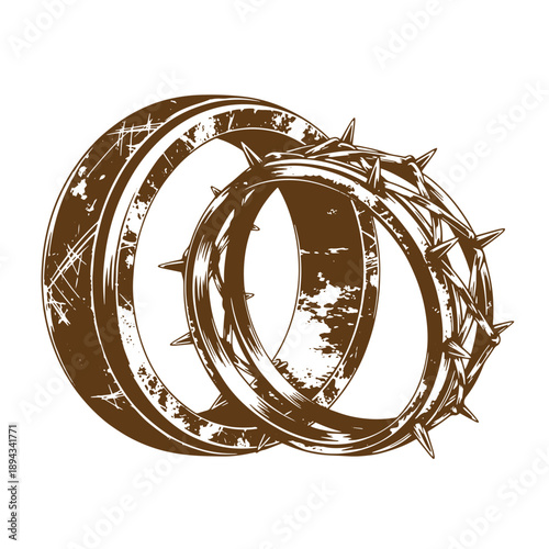 Vintage Grunge texture illustration of two metallic rings with thorns on one of them isolated on white background