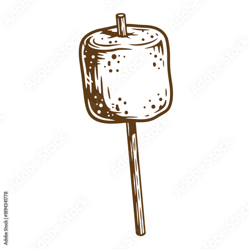 Vintage Grunge texture Illustration of a toasted marshmallow on a stick for campfire or dessert  sweet treat