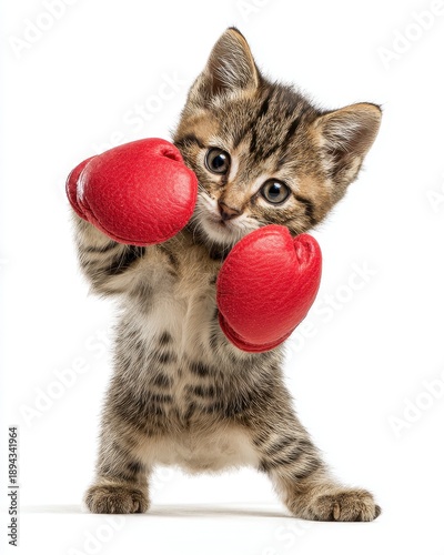 Adorable playful kitten wea red boxing gloves standing on white background, showcasing cuteness and agility, perfect for sports or animal themed designs