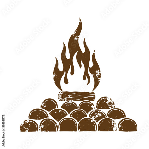 Vintage Grunge texture pile of wood logs with fire on top for campfire or fireplace  woodpile with flames burning