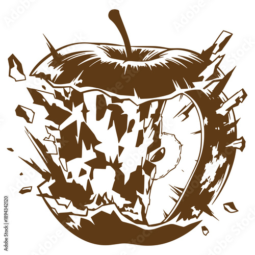 Vintage Grunge texture Shattered apple illustration in sepia tone with cracks and fragments flying out  dramatic fruit explosion