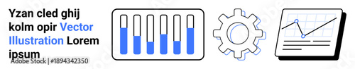 Bar chart with colored bars, gear symbolizing settings, and line graph on a monitor. Ideal for data visualization, analytics, process development, technology, finance, business strategy and simple