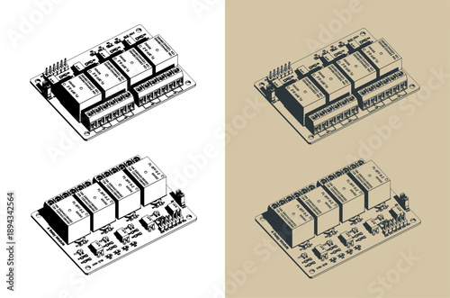 4 Channel relay module board isometric illustrations
