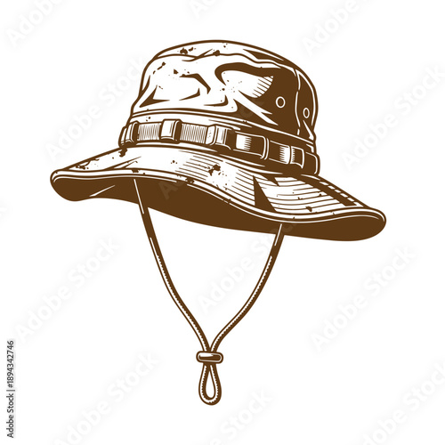 Vintage Grunge texture Vintage wide brimmed safari hat with chin strap and buckle details in sepia tone  a classic outdoor accessory for sun protection