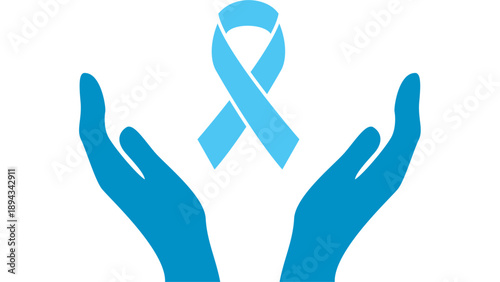 Hands holding a blue ribbon symbolizing cancer awareness on a special day represented in vector graphics