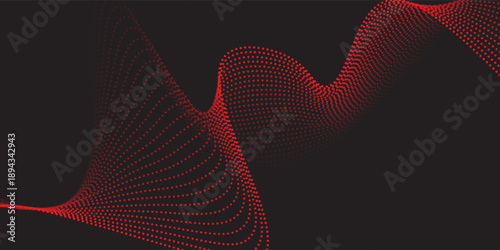 Flowing concept dots science, music, modern. particles wave pattern red isolated on black background.