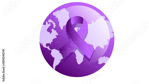 Global awareness ribbon symbolizing support for a social cause on a purple globe illustration