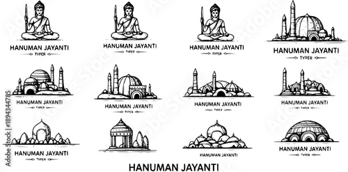 Hanuman Jayanti Line Art: Lord Hanuman Meditating  Temple Icons, Indian Festival Vector