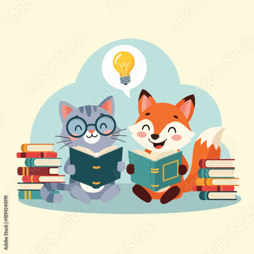 Cat and Fox Reading Together