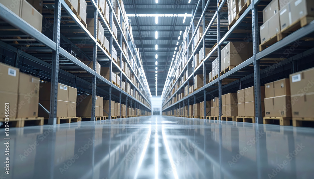 Obraz premium Interno di un moderno magazzino logistico con scaffalature industriali e pacchi pronti per la spedizione. Generative AI