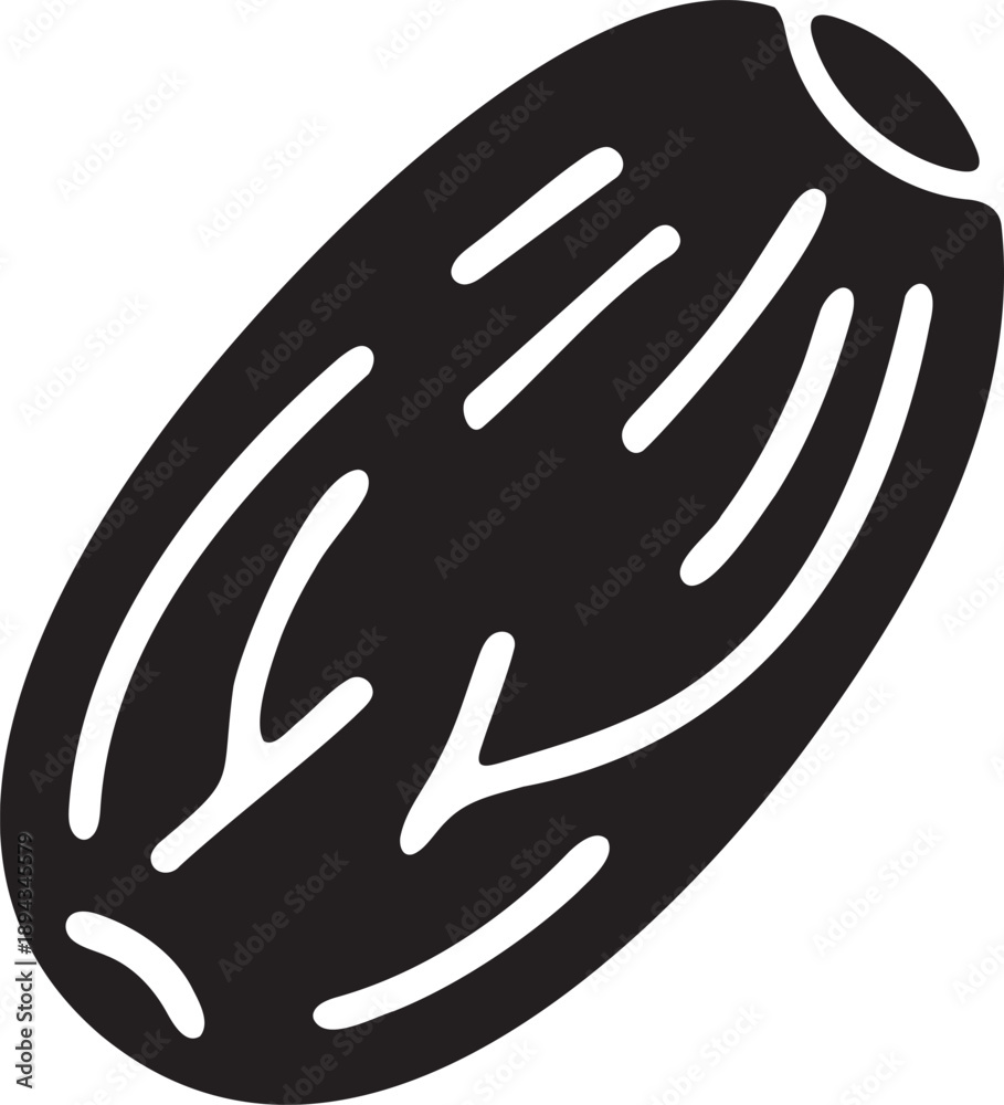 Fototapeta premium Single date fruit in black silhouette, featuring textured lines, on a white background, representing natural sweetness and energy.