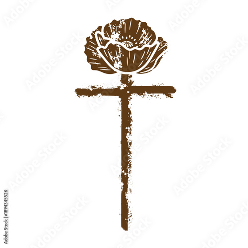 Vintage Grunge texture grungy flower on a post sign with a crossbar  simple vintage graphic design element