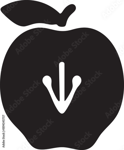 Black silhouette of an apple with a leaf and internal stylized core shape, vector illustration