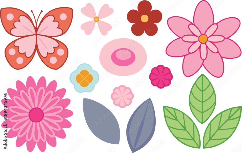 Fototapeta premium A vibrant collection of cartoon-style flowers and a butterfly, perfect for spring and summer designs. isolated on transparent background, Vector, illustration