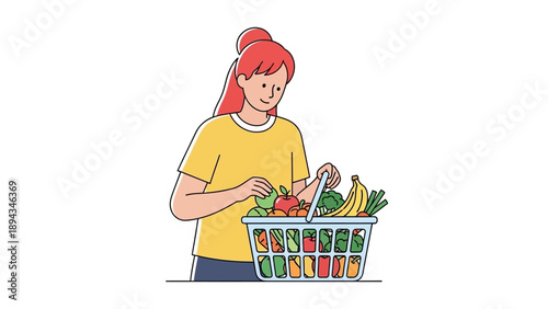 A happy young woman is thoughtfully arranging fresh, colorful produce in her shopping basket, emphasizing healthy eating and grocery shopping