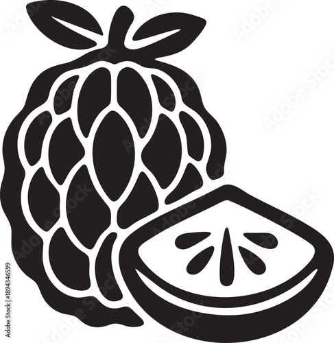 Black and white illustration icon of a whole custard apple and a slice, showcasing its segmented texture and seeds.