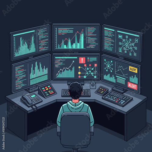 Data Analyst Monitoring Multiple Screens with Charts and Alerts