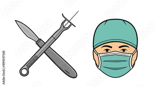 A doctor wearing a surgical mask and cap with crossed scalpels on a white background in a graphic illustration with a medical theme.