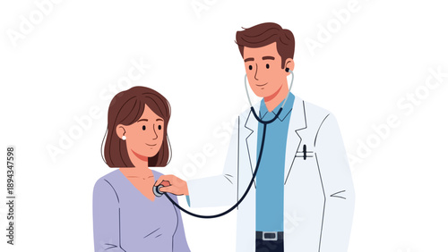 A male doctor using a stethoscope on a female patient in a simple white background with a medical checkup mood.
