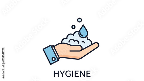 A doctor's hand holding soap and water drop, illustrating hygiene practices, with a simple line art style and a clean white background.