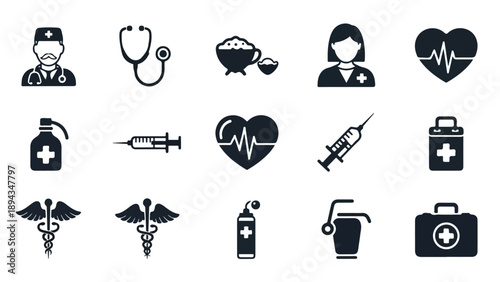 A collection of black medical icons on a white background, including a doctor, stethoscope, syringe, and heart rate, arranged in rows for healthcare and wellness concepts.