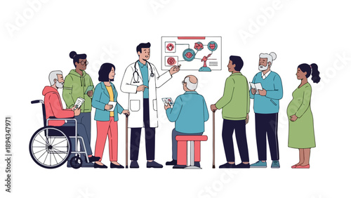A diverse group of people, including a doctor and patients of various ages and abilities, gathered around a medical presentation board with colorful charts and graphs in a clean and simple