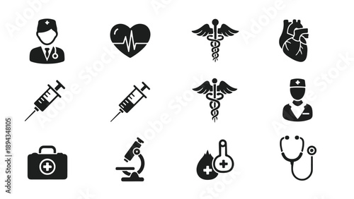 A collection of black medical icons on a white background including a doctor nurse heart rate syringe and stethoscope.