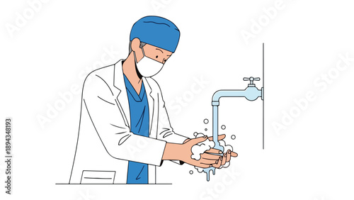 A doctor wearing a blue cap, white lab coat, and face mask washing hands under a running faucet with soap and water.