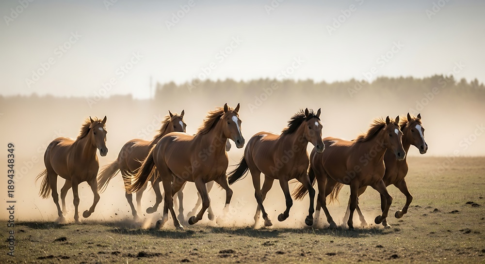 Fototapeta premium Herd of running horses in a dusty field under warm sunlight