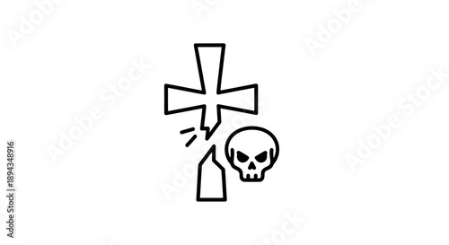 Broken Cross and Skull Icon Vector Illustration, Symbolizing Death and Religious Crisis, Graphic Design Element