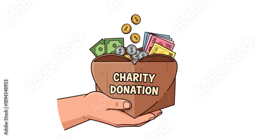 Charity Donation Box Held in Hand with Falling Coins and Banknotes, Vector Illustration for Fundraising and Generosity Concepts
