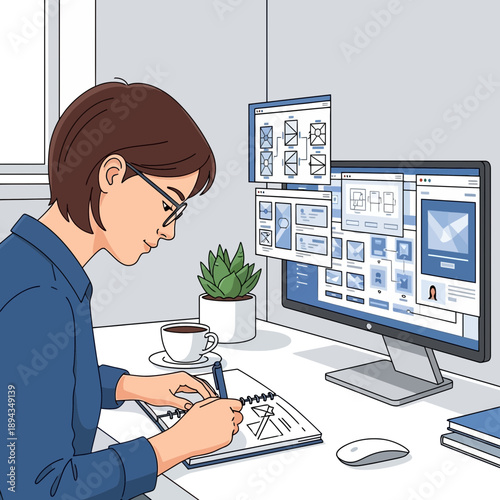 Designer creating website wireframes on computer and notebook