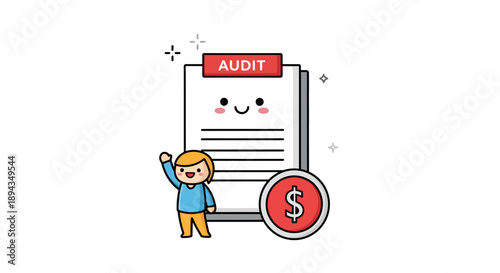 Cute Cartoon Character Waving Near Audit Document with Dollar Coin, Financial Review Vector Illustration for Business and Finance Concepts