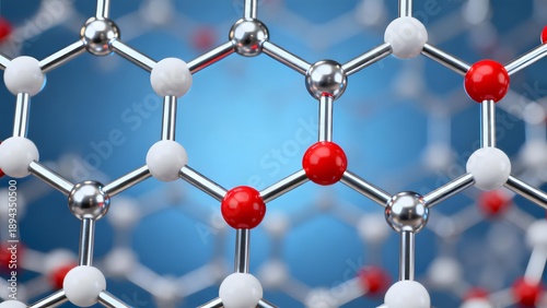 Molecular structure with hexagonal lattice pattern featuring red and white atoms connected by metallic bonds