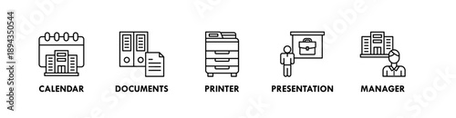 Office and Workplace banner web icon illustration concept with icon of calendar, documents, printer, presentation, manager