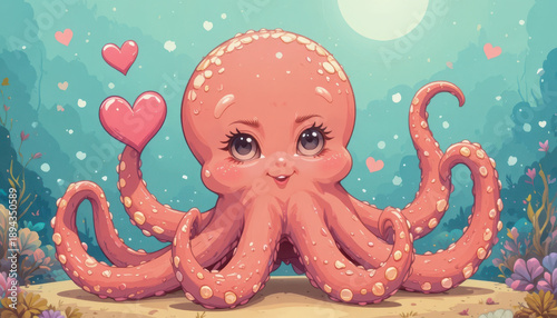 Cute cartoon octopus with hearts underwater scene digital art colorful environment playful concept