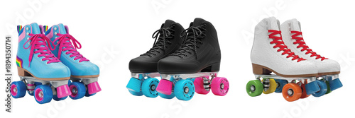 Tableau sur toile Collection of Retro Roller Skates in Various Colors on White Background