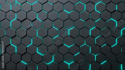 Dark hexagonal grid pattern with glowing teal lines forming a futuristic technological surface