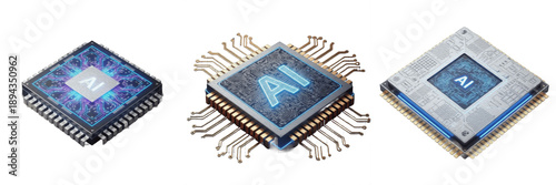 Foto Set of Three Advanced AI Microchips and Central Processing Units Isolated on Whi