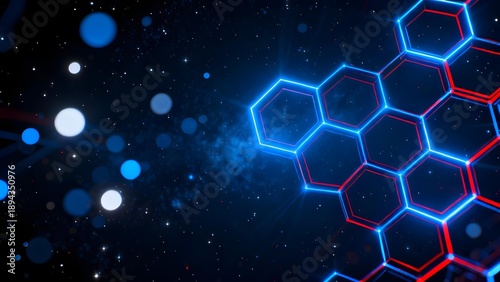 Abstract digital hexagonal network glowing in space with blue and red lines against a starry background