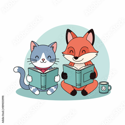 Cat and Fox Reading Together