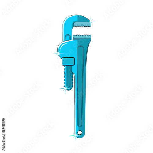 Blue Pipe Wrench Tool Isolated on White Background, Shiny Metal Plumbing Equipment