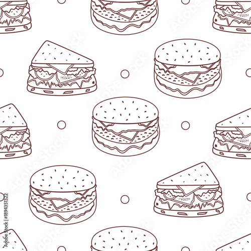 Seamless pattern with sandwich and burger doodle. Fast food pattern background. Hand drawn doodle fast food seamless pattern. Seamless fast food doodle pattern vector design.